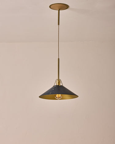 Robert True Ogden RTO Lighting - Large Yaffa Pendant -Tumbled Brass Half Poles - Navy Leather Shade Natural Oak Canopy#leather-shade_navy-leather