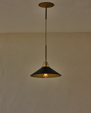 Robert True Ogden RTO Lighting - Large Yaffa Pendant -Tumbled Brass Half Poles - Navy Leather Shade Natural Oak Canopy#leather-shade_navy-leather