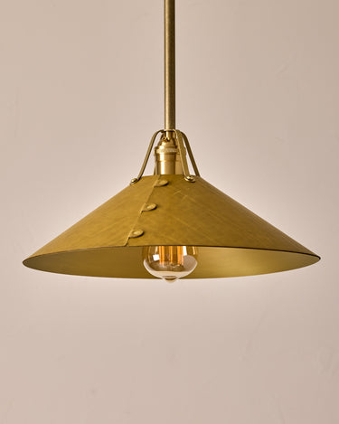 Robert True Ogden RTO Lighting - Large Yaffa Pendant -Tumbled Brass Half Poles - Spruce Leather Shade Natural Oak Canopy#leather-shade_spruce-leather