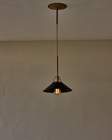 Robert True Ogden RTO Lighting - Medium Yaffa Pendant -Tumbled Brass Half Poles - Black Leather Shade Natural Oak Canopy#leather-shade_black-leather