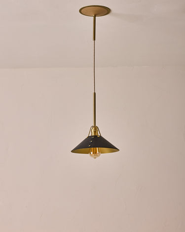 Robert True Ogden RTO Lighting - Medium Yaffa Pendant -Tumbled Brass Half Poles - Black Leather Shade Natural Oak Canopy#leather-shade_black-leather