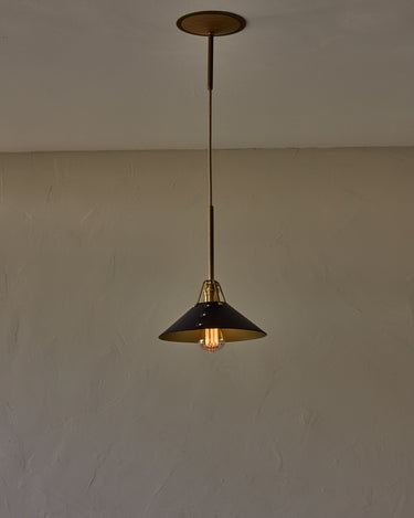 Robert True Ogden RTO Lighting - Medium Yaffa Pendant -Tumbled Brass Half Poles - Black Leather Shade Natural Oak Canopy#leather-shade_black-leather