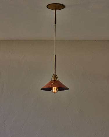 Robert True Ogden RTO Lighting - Medium Yaffa Pendant -Tumbled Brass Half Poles - Cognac Leather Shade Natural Oak Canopy#leather-shade_cognac-leather