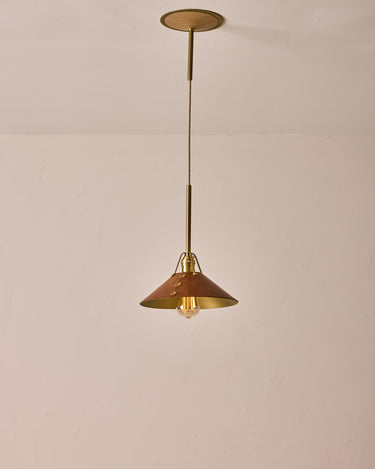 Robert True Ogden RTO Lighting - Medium Yaffa Pendant -Tumbled Brass Half Poles - Cognac Leather Shade Natural Oak Canopy#leather-shade_cognac-leather