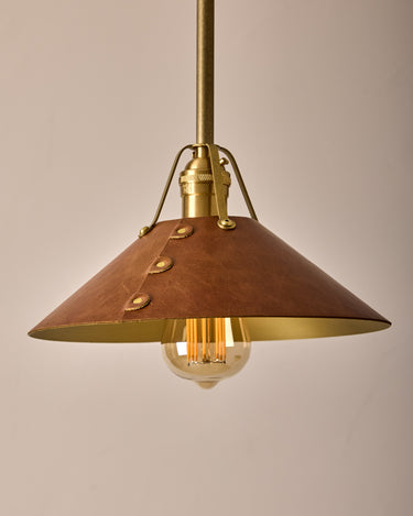 Robert True Ogden RTO Lighting - Medium Yaffa Pendant -Tumbled Brass Half Poles - Cognac Leather Shade Natural Oak Canopy#leather-shade_cognac-leather