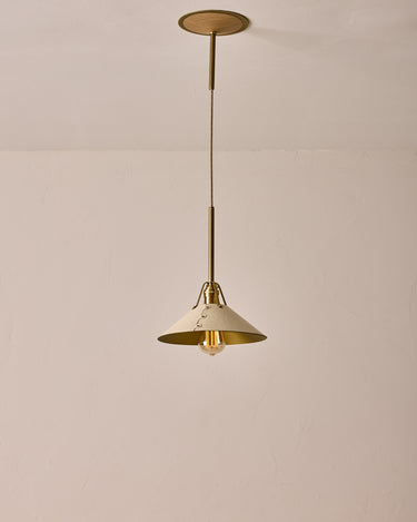 Robert True Ogden RTO Lighting - Medium Yaffa Pendant -Tumbled Brass Half Poles - Eggshell Leather Shade Natural Oak Canopy#leather-shade_eggshell-leather