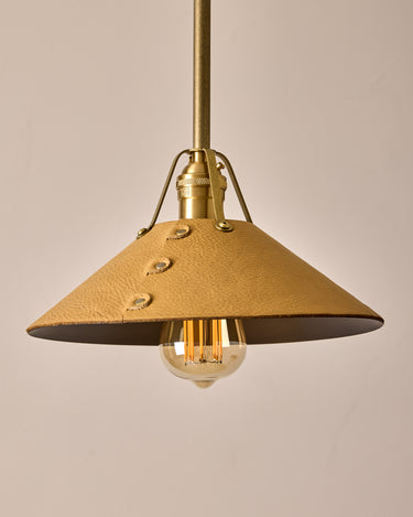 Robert True Ogden RTO Lighting - Medium Yaffa Pendant -Tumbled Brass Half Poles - Natural Leather Shade Natural Oak Canopy#leather-shade_natural-leather