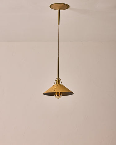 Robert True Ogden RTO Lighting - Medium Yaffa Pendant -Tumbled Brass Half Poles - Natural Leather Shade Natural Oak Canopy#leather-shade_natural-leather