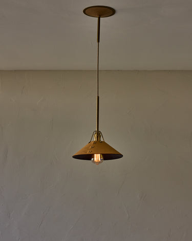 Robert True Ogden RTO Lighting - Medium Yaffa Pendant -Tumbled Brass Half Poles - Natural Leather Shade Natural Oak Canopy#leather-shade_natural-leather