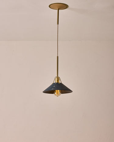 Robert True Ogden RTO Lighting - Medium Yaffa Pendant -Tumbled Brass Half Poles - Navy Leather Shade Natural Oak Canopy#leather-shade_navy-leather