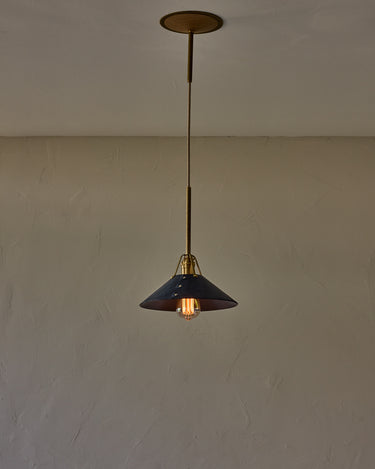 Robert True Ogden RTO Lighting - Medium Yaffa Pendant -Tumbled Brass Half Poles - Navy Leather Shade Natural Oak Canopy#leather-shade_navy-leather