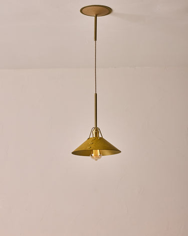 Robert True Ogden RTO Lighting - Medium Yaffa Pendant -Tumbled Brass Half Poles - Spruce Leather Shade Natural Oak Canopy#leather-shade_spruce-leather