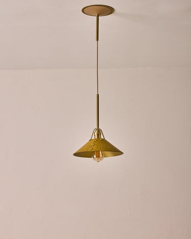 Robert True Ogden RTO Lighting - Medium Yaffa Pendant -Tumbled Brass Half Poles - Spruce Leather Shade Natural Oak Canopy#leather-shade_spruce-leather