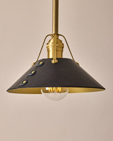 Robert True Ogden RTO Lighting - Small Yaffa Pendant - Tumbled Brass Half Poles - Black Leather Shade Natural Oak Canopy#leather-shade_black-leather