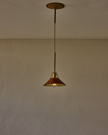 Robert True Ogden RTO Lighting - Small Yaffa Pendant - Tumbled Brass Half Poles - Cognac Leather Shade Natural Oak Canopy#leather-shade_cognac-leather