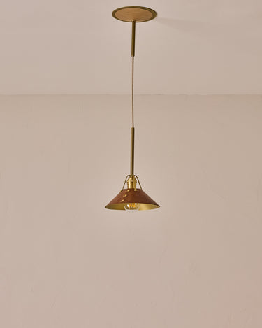 Robert True Ogden RTO Lighting - Small Yaffa Pendant - Tumbled Brass Half Poles - Cognac Leather Shade Natural Oak Canopy#leather-shade_cognac-leather