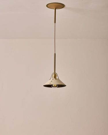 Robert True Ogden RTO Lighting - Small Yaffa Pendant - Tumbled Brass Half Poles - Eggshell Leather Shade Natural Oak Canopy#leather-shade_eggshell-leather