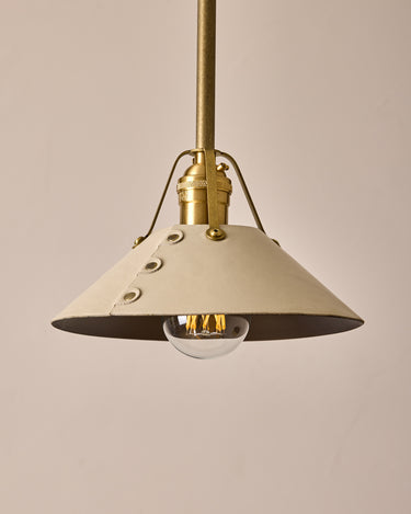 Robert True Ogden RTO Lighting - Small Yaffa Pendant - Tumbled Brass Half Poles - Eggshell Leather Shade Natural Oak Canopy#leather-shade_eggshell-leather