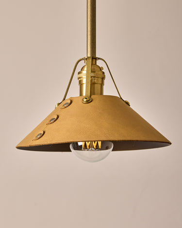 Robert True Ogden RTO Lighting - Small Yaffa Pendant - Tumbled Brass Half Poles - Natural Leather Shade Natural Oak Canopy#leather-shade_natural-leather