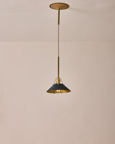 Robert True Ogden RTO Lighting - Small Yaffa Pendant - Tumbled Brass Half Poles - Navy Leather Shade Natural Oak Canopy#leather-shade_navy-leather