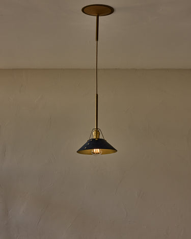 Robert True Ogden RTO Lighting - Small Yaffa Pendant - Tumbled Brass Half Poles - Navy Leather Shade Natural Oak Canopy#leather-shade_navy-leather