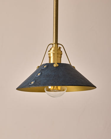 Robert True Ogden RTO Lighting - Small Yaffa Pendant - Tumbled Brass Half Poles - Navy Leather Shade Natural Oak Canopy#leather-shade_navy-leather