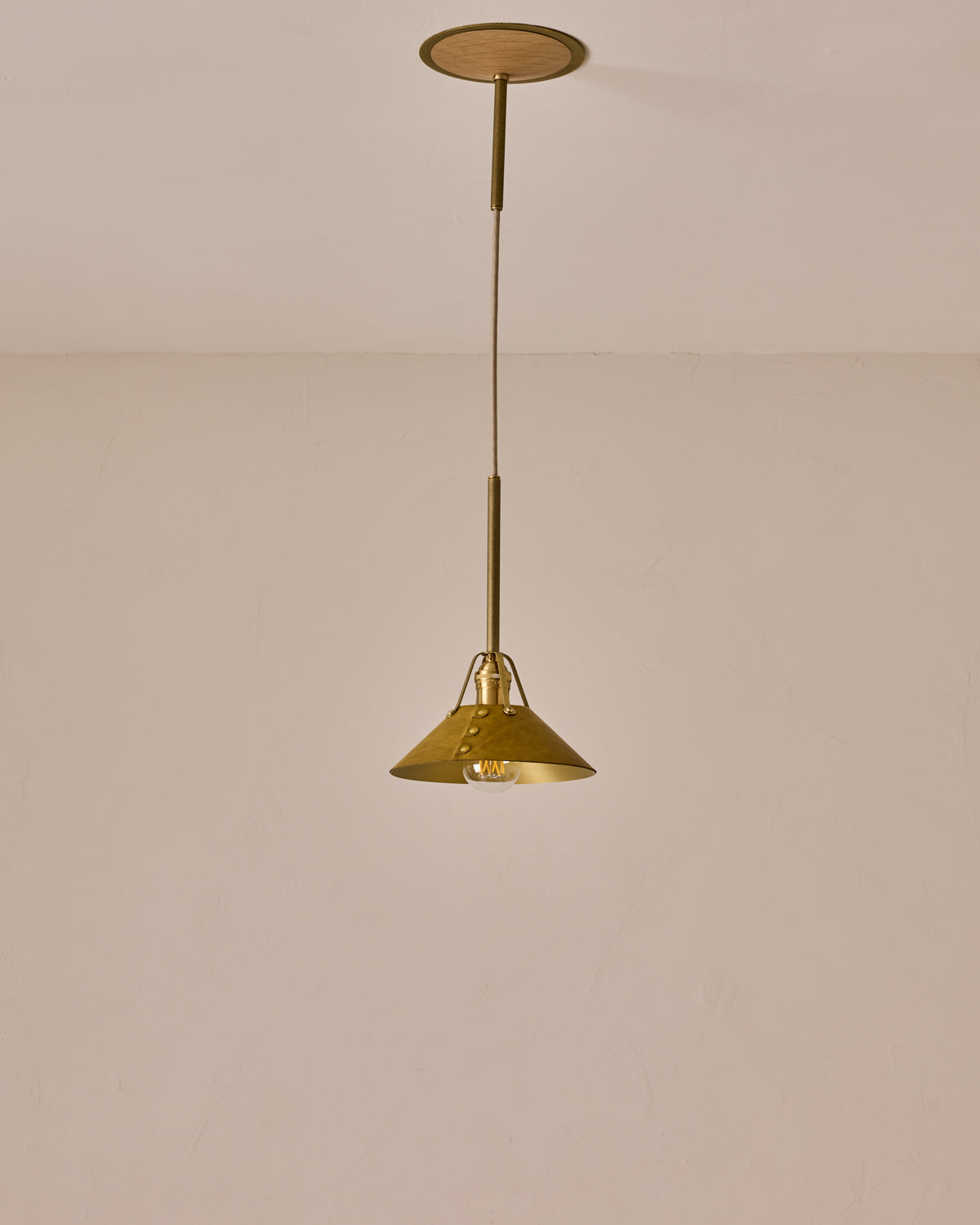 Robert True Ogden RTO Lighting - Small Yaffa Pendant - Tumbled Brass Half Poles - Spruce Leather Shade Natural Oak Canopy#leather-shade_spruce-leather