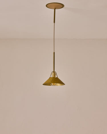 Robert True Ogden RTO Lighting - Small Yaffa Pendant - Tumbled Brass Half Poles - Spruce Leather Shade Natural Oak Canopy#leather-shade_spruce-leather