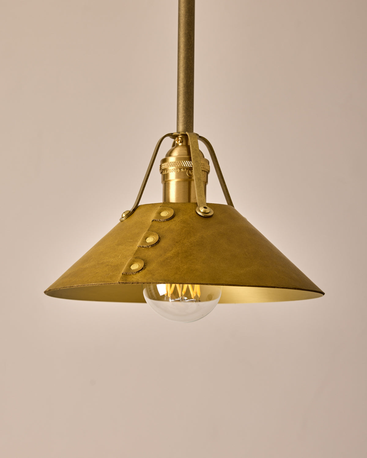 Robert True Ogden RTO Lighting - Small Yaffa Pendant - Tumbled Brass Half Poles - Spruce Leather Shade Natural Oak Canopy#leather-shade_spruce-leather