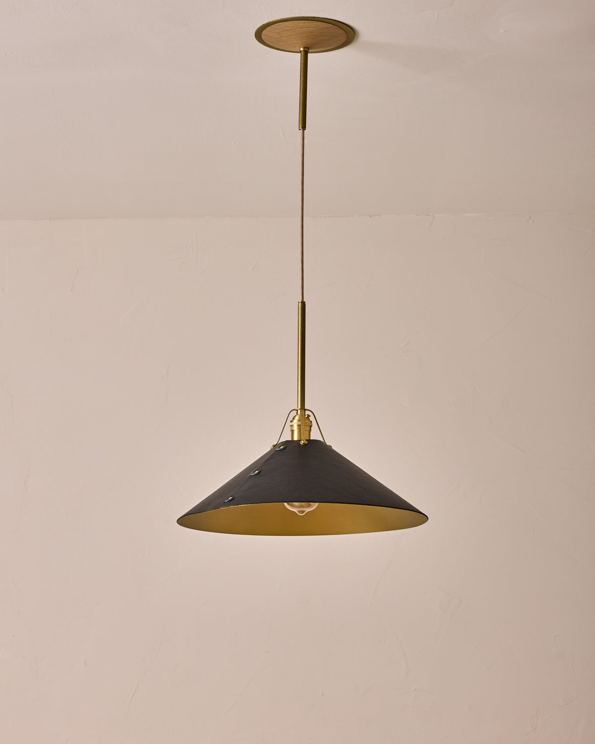 Robert True Ogden RTO Lighting - Extra Large Yaffa Pendant -Tumbled Brass Half Poles - Black Leather Shade Natural Oak Canopy#leather-shade_black-leather