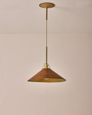 Robert True Ogden RTO Lighting - Extra Large Yaffa Pendant -Tumbled Brass Half Poles - Cognac Leather Shade Natural Oak Canopy#leather-shade_cognac-leather