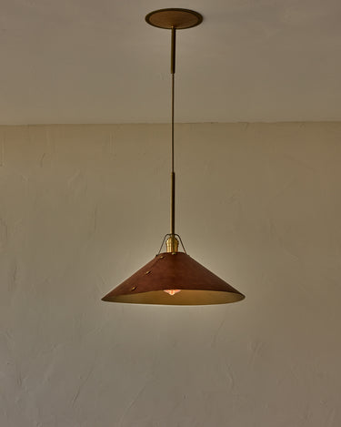 Robert True Ogden RTO Lighting - Extra Large Yaffa Pendant -Tumbled Brass Half Poles - Cognac Leather Shade Natural Oak Canopy#leather-shade_cognac-leather