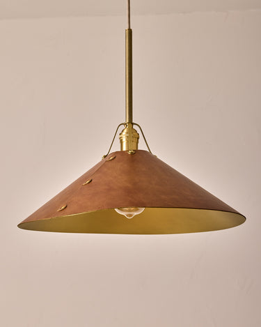 Robert True Ogden RTO Lighting - Extra Large Yaffa Pendant -Tumbled Brass Half Poles - Cognac Leather Shade Natural Oak Canopy#leather-shade_cognac-leather