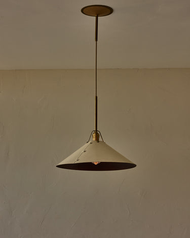 Robert True Ogden RTO Lighting - Extra Large Yaffa Pendant -Tumbled Brass Half Poles - Eggshell Leather Shade Natural Oak Canopy#leather-shade_eggshell-leather