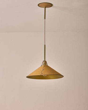 Robert True Ogden RTO Lighting - Extra Large Yaffa Pendant -Tumbled Brass Half Poles - Natural Leather Shade Natural Oak Canopy#leather-shade_natural-leather