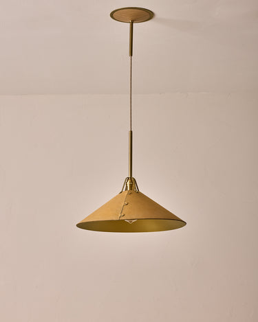 Robert True Ogden RTO Lighting - Extra Large Yaffa Pendant -Tumbled Brass Half Poles - Natural Leather Shade Natural Oak Canopy#leather-shade_natural-leather