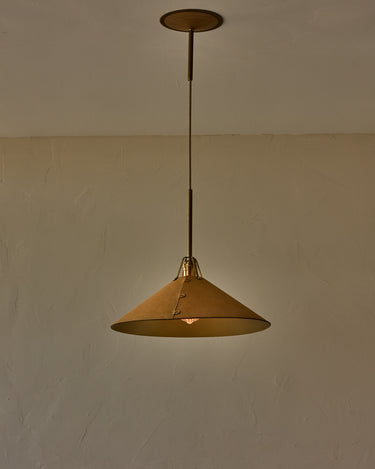 Robert True Ogden RTO Lighting - Extra Large Yaffa Pendant -Tumbled Brass Half Poles - Natural Leather Shade Natural Oak Canopy#leather-shade_natural-leather