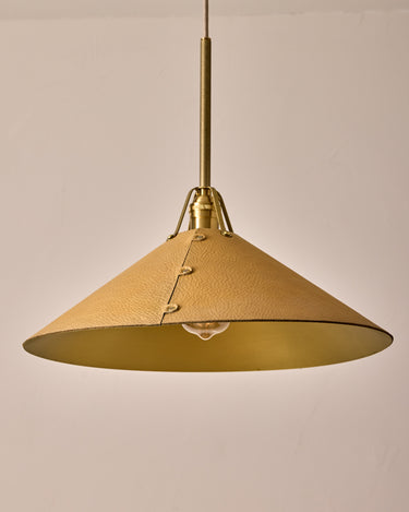 Robert True Ogden RTO Lighting - Extra Large Yaffa Pendant -Tumbled Brass Half Poles - Natural Leather Shade Natural Oak Canopy#leather-shade_natural-leather