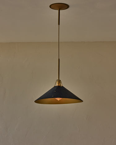 Robert True Ogden RTO Lighting - Extra Large Yaffa Pendant -Tumbled Brass Half Poles - Navy Leather Shade Natural Oak Canopy#leather-shade_navy-leather