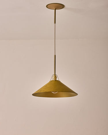 Robert True Ogden RTO Lighting - Extra Large Yaffa Pendant -Tumbled Brass Half Poles - Spruce Leather Shade Natural Oak Canopy#leather-shade_spruce-leather