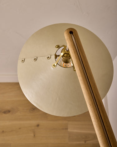 Robert True Ogden RTO Lighting - Large Yaffa Swing Arm Sconce - Eggshell Leather Shade - Natural Oak Arm - Oil Rubbed Brass Wall Brackets#leather-shade_eggshell-leather