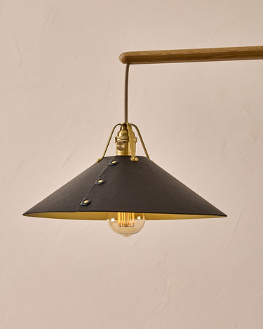Robert True Ogden RTO Lighting - Large Yaffa Swing Arm Sconce - Black Leather Shade - Natural Oak Arm - Oil Rubbed Brass Wall Brackets#leather-shade_black-leather