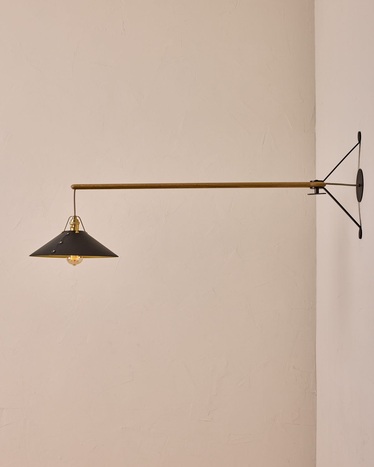 Robert True Ogden RTO Lighting - Large Yaffa Swing Arm Sconce - Black Leather Shade - Natural Oak Arm - Oil Rubbed Brass Wall Brackets#leather-shade_black-leather