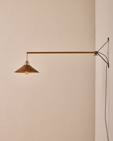 Robert True Ogden RTO Lighting - Large Yaffa Swing Arm Sconce - Cognac Leather Shade - Natural Oak Arm - Oil Rubbed Brass Wall Brackets#leather-shade_cognac-leather