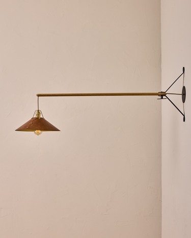 Robert True Ogden RTO Lighting - Large Yaffa Swing Arm Sconce - Cognac Leather Shade - Natural Oak Arm - Oil Rubbed Brass Wall Brackets#leather-shade_cognac-leather