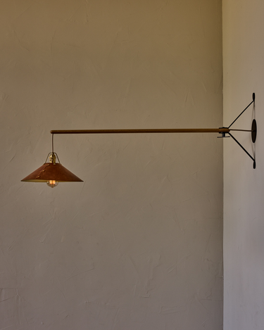 Robert True Ogden RTO Lighting - Large Yaffa Swing Arm Sconce - Cognac Leather Shade - Natural Oak Arm - Oil Rubbed Brass Wall Brackets#leather-shade_cognac