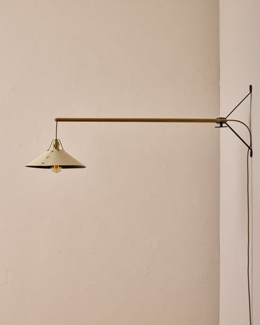 Robert True Ogden RTO Lighting - Large Yaffa Swing Arm Sconce - Eggshell Leather Shade - Natural Oak Arm - Oil Rubbed Brass Wall Brackets#leather-shade_eggshell-leather
