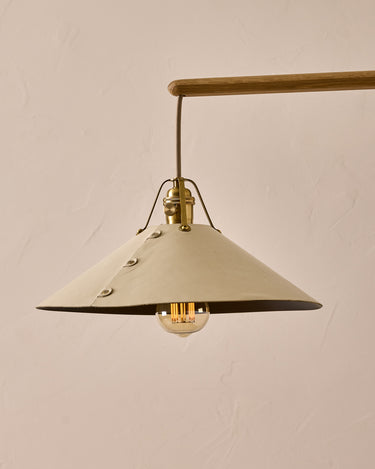 Robert True Ogden RTO Lighting - Large Yaffa Swing Arm Sconce - Eggshell Leather Shade - Natural Oak Arm - Oil Rubbed Brass Wall Brackets#leather-shade_eggshell-leather