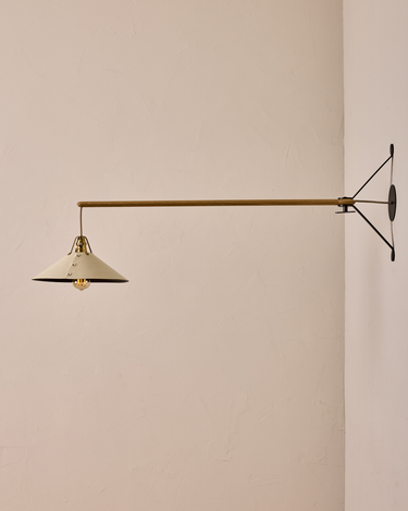 Robert True Ogden RTO Lighting - Large Yaffa Swing Arm Sconce - Eggshell Leather Shade - Natural Oak Arm - Oil Rubbed Brass Wall Brackets#leather-shade_eggshell-leather