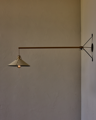Robert True Ogden RTO Lighting - Large Yaffa Swing Arm Sconce - Eggshell Leather Shade - Natural Oak Arm - Oil Rubbed Brass Wall Brackets#leather-shade_eggshell-leather